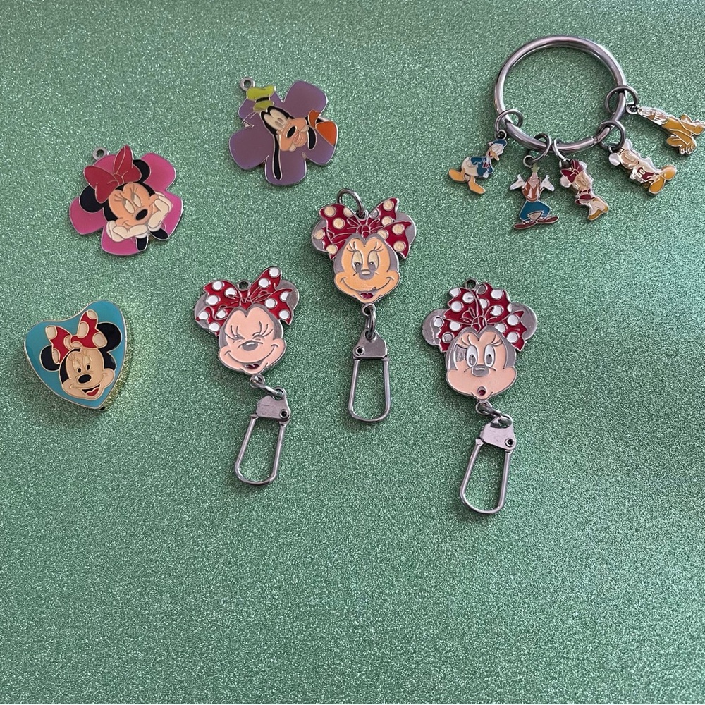 Disney Minnie Mouse Keychains and Pins Set - Red and Silver various shapes.